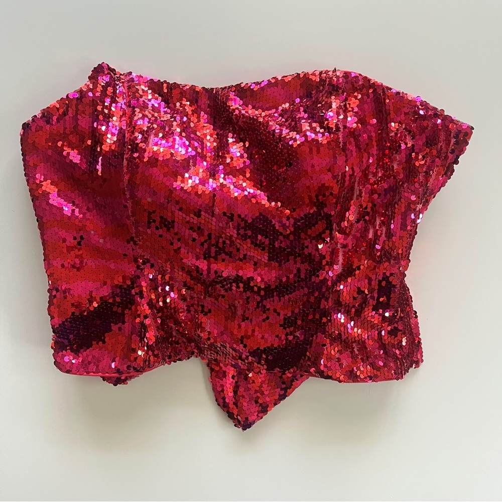 Hutch Hot Pink Delphine Sequin Bow Strapless Top w/ Sweetheart Neckline & Boning - Picture 8 of 16